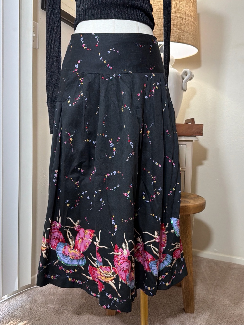 Willi Smith Black Midi Skirt with Pink & Blue Ballerina Border